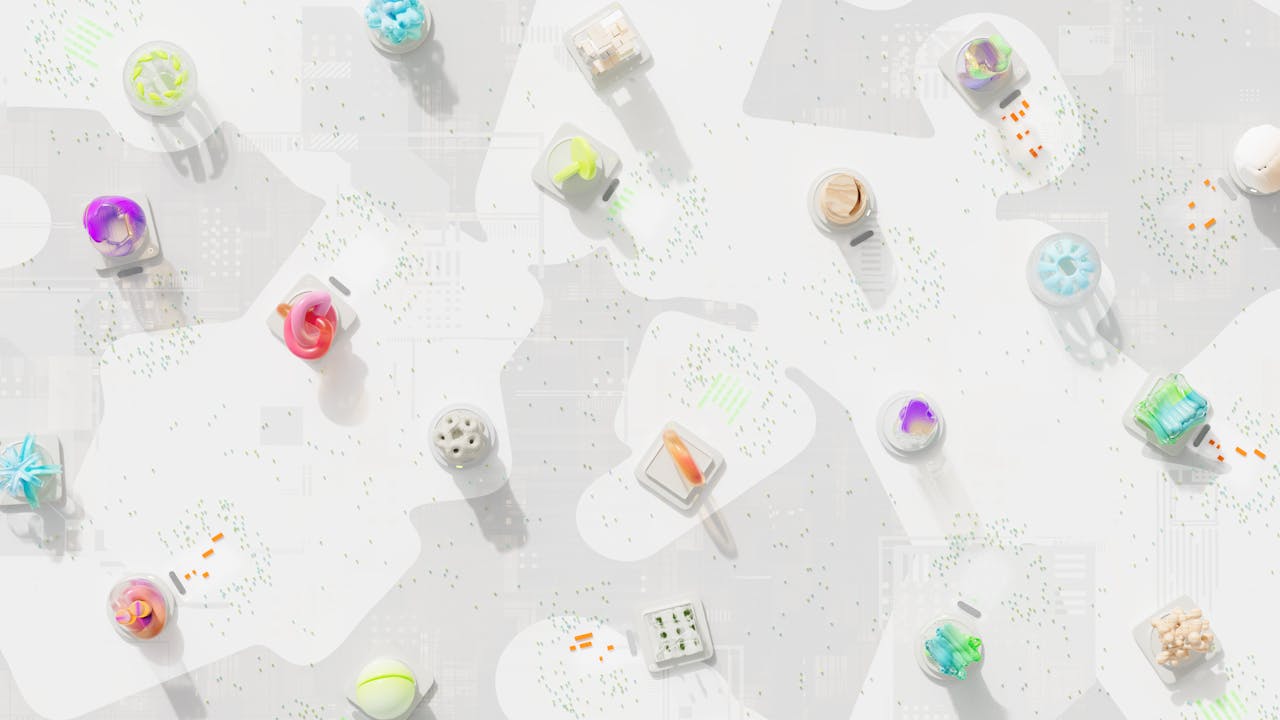 services-03 A vibrant 3D render of geometric shapes scattered over a circuit-like background.